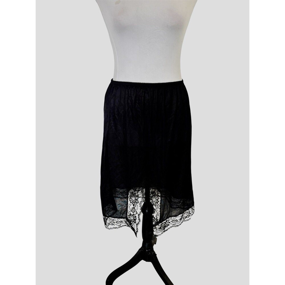 Vintage Black Nylon Sliperfection Slip Lace Hem Slit Front Whimsigoth Witchy L